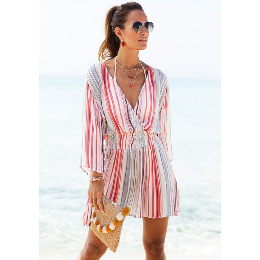 NWT Lascana Striped V-Neck Dress-  Multi Striped